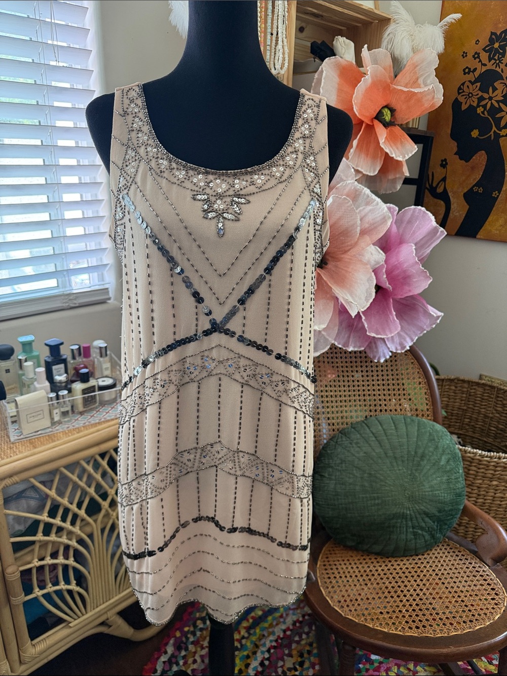 NWT F21 Blush Silver Sequin Open Back Art Deco Flapper Boho Chic Mini Dress